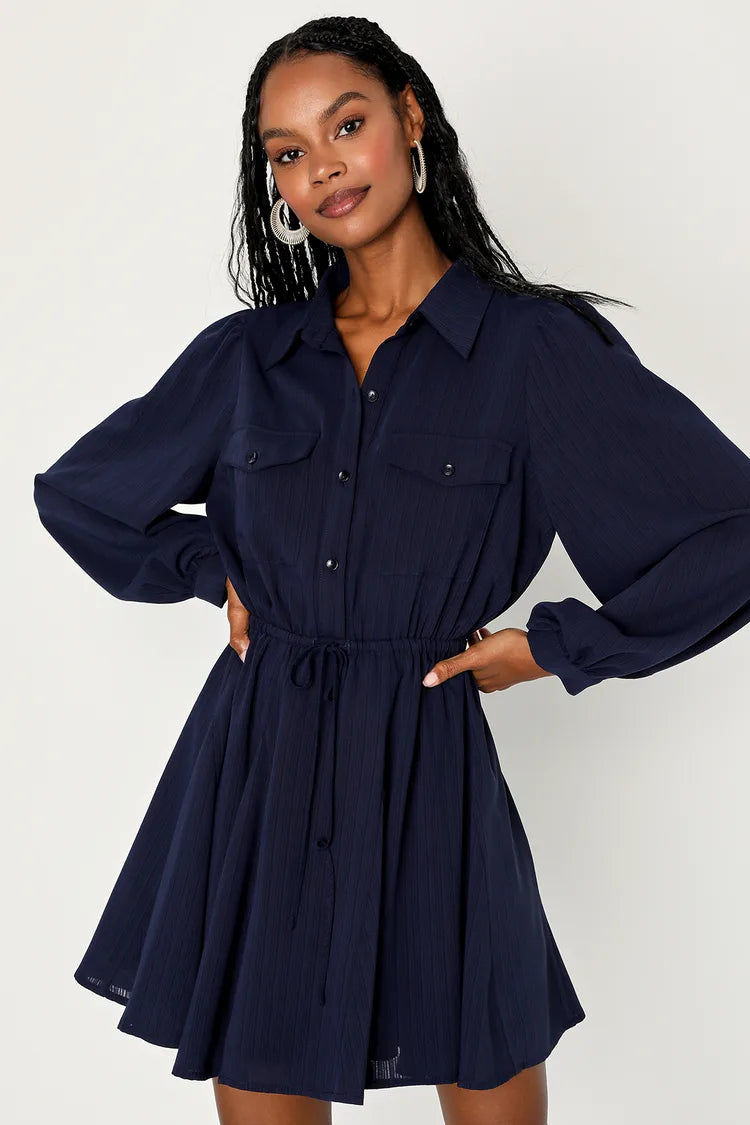 Sweetly Easy Navy Blue Collared Long Sleeve Skater Mini Dress Catina Couture Sweetly Easy Navy Blue Collared Long Sleeve Skater Mini Dress Catina Couture